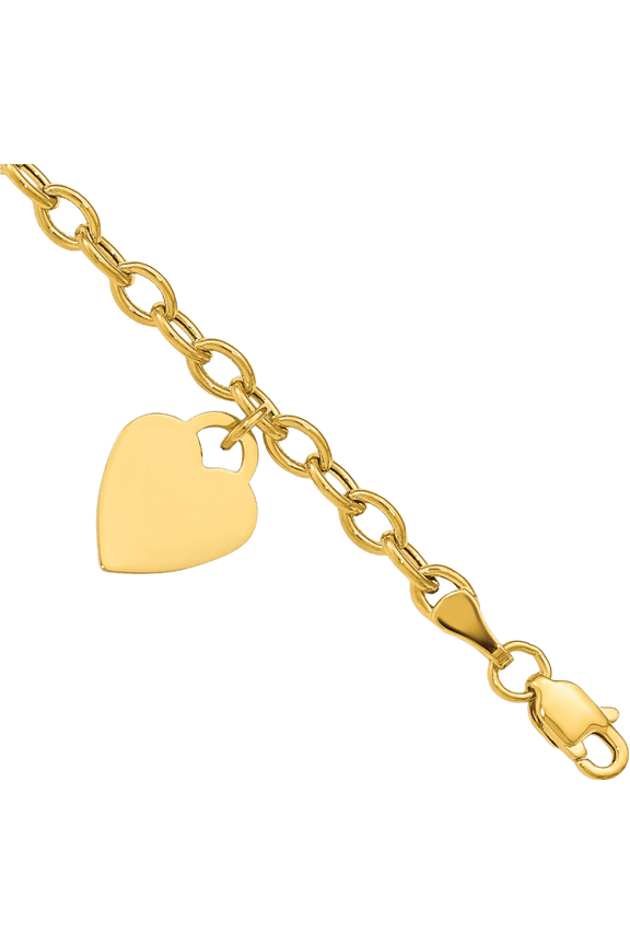 14K Yellow Gold 3mm Classic Cable Chain Heart Charm Bracelet - 7.5 inch - Semi-solid, Polished, Engravable Women's