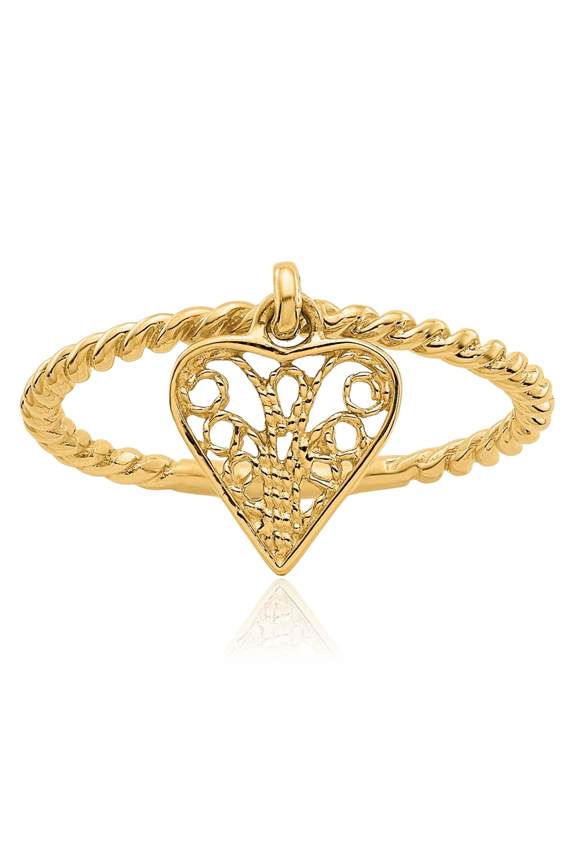 14K Solid Yellow Gold Filigree Twisted Dangling Heart Statement Fashion Ring - 1mm Slim Band - Polished Women's