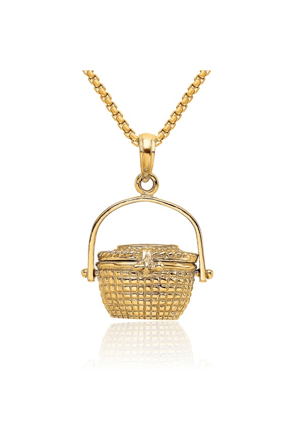 14K Solid Yellow Gold Dangling Lightship Nantucket Basket Lid Necklace Hanging Charm Pendant