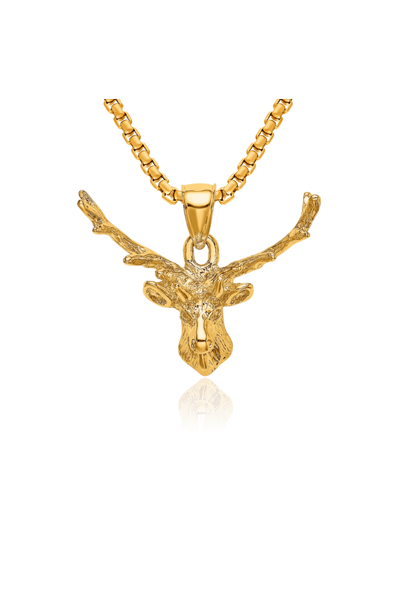 14K Solid Yellow Gold Deer Head 8 Point Buck Necklace Chain Pendant Charm