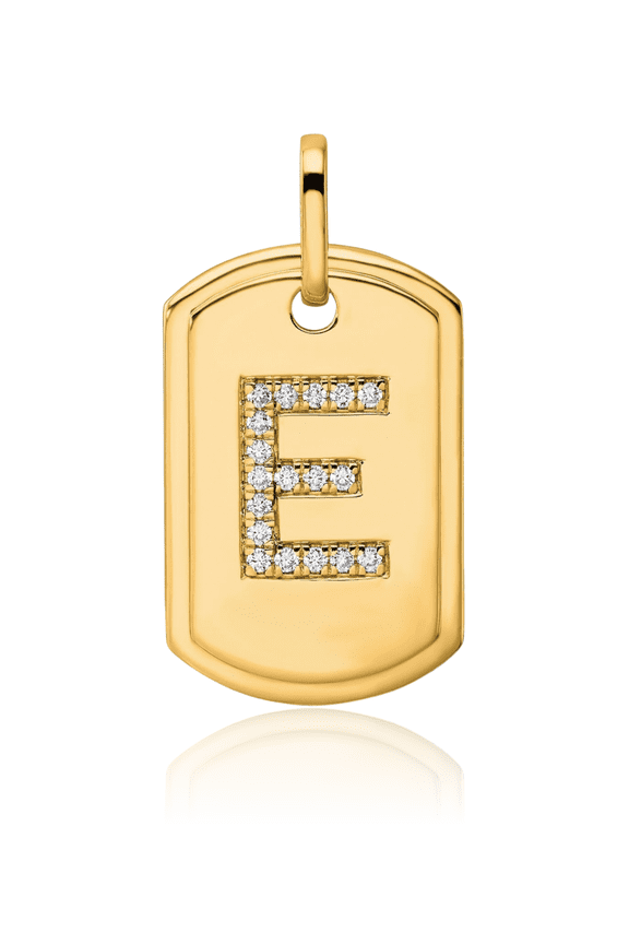 14K Solid Yellow Gold 0.22 carat Diamond Large Letter E Dog Tag Pendant Necklace - 32mm 1-1/4 inch - Round Cut, Natural, Prong Set Adult