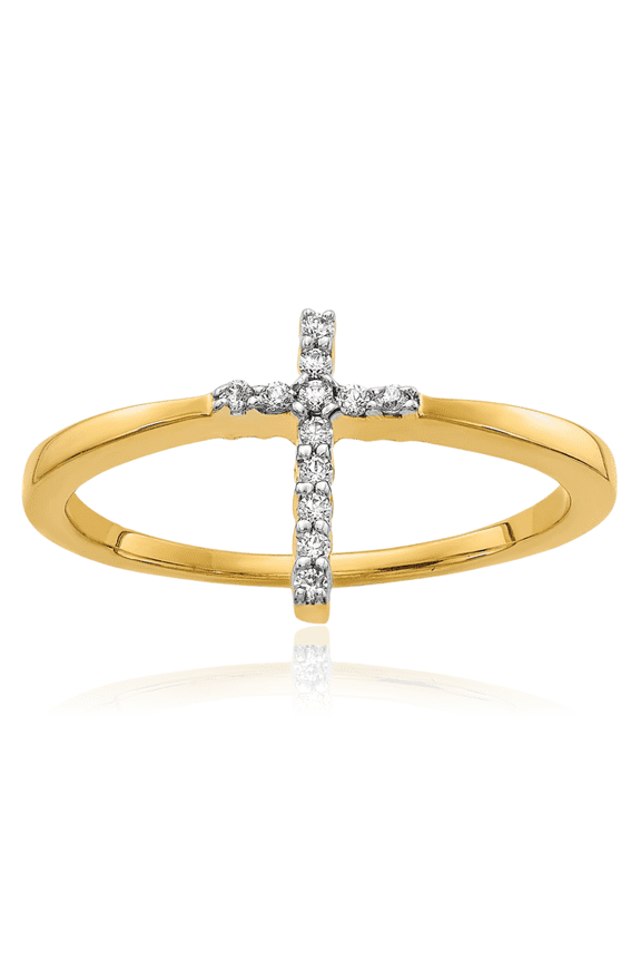 14K Solid Yellow Gold Diamond Holy Cross Ring Christian Religious Band