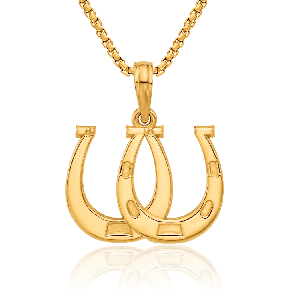 14K Solid Yellow Gold Double Lucky Horseshoe Necklace Animal Lover Pendant Equestrian Charm