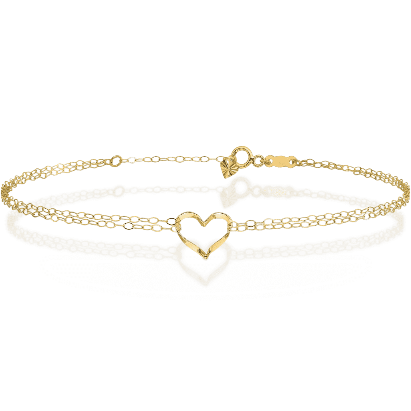14K Solid Yellow Gold Double Strand Heart Anklet Summer Beach Foot Ankle Bracelet