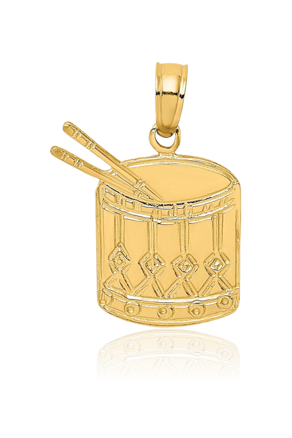 14K Solid Yellow Gold Small Drum Sticks Pendant Necklace - 14.35mm 0.6 inch - Polished, Textured Women's