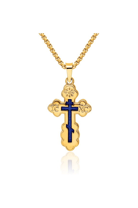 14K Solid Yellow Gold Eastern Russian Orthodox Blue Holy Cross Necklace Religious Chain Pendant Jesus Christ Charm