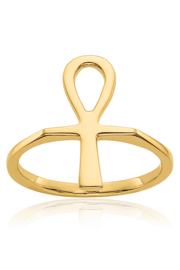 14K Solid Yellow Gold Egyptian Ankh Holy Cross Symbol of Life Ancient Ring Christian Religious Band