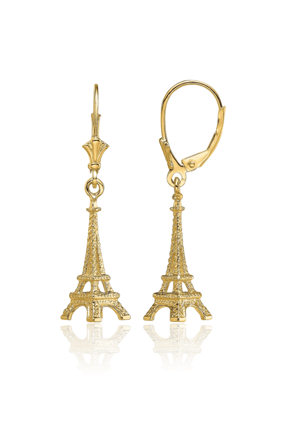 14K Solid Yellow Gold Eiffel Tower Paris France Drop Dangle Earrings