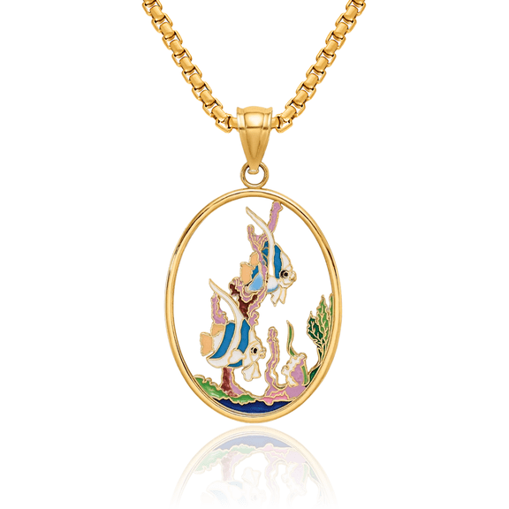 14K Solid Yellow Gold Fish Underwater Scene Necklace Chain Pendant Charm