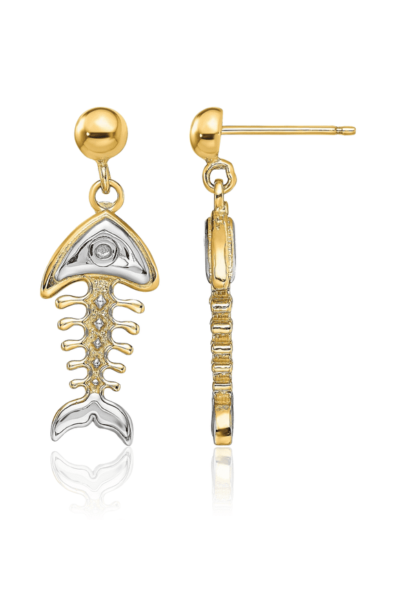 14K Solid Yellow Gold Fishbone Drop Dangle Earrings
