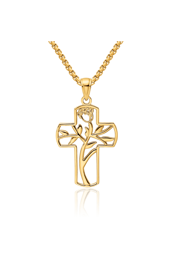 14K Solid Yellow Gold Flower Latin Mexican Holy Cross Necklace Religious Chain Pendant Jesus Christ Charm
