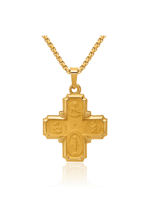 14K Solid Yellow Gold Four Way Holy Cross Religious Medal Necklace Christian Pendant Scapular Charm