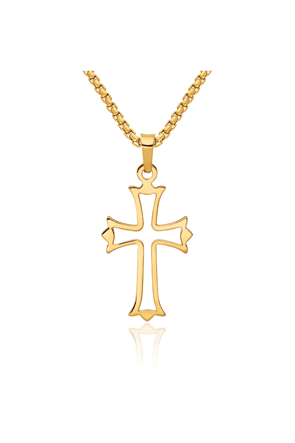 14K Solid Yellow Gold French Fleur De Lis Lily Flower Holy Cross Necklace Religious Chain Pendant Jesus Christ Charm