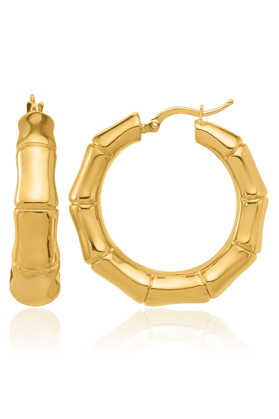 14K Yellow Gold Round Large Graduated Bamboo Hoop Earrings - 30mm 1.2 inch - Lightweight, Snap Back, Textured Women's