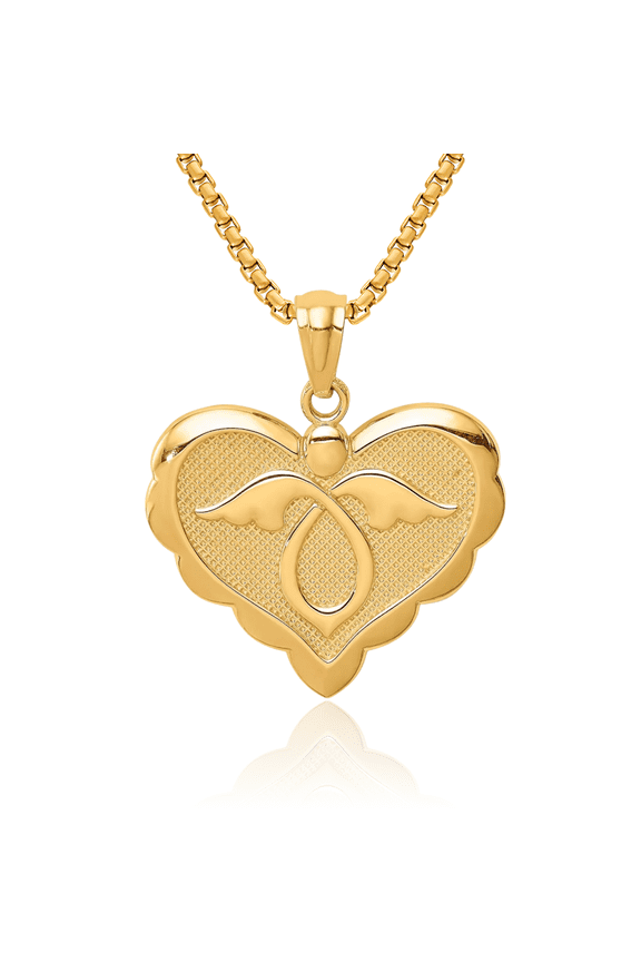 14K Solid Yellow Gold Guardian Angel Wings Heart Necklace Protect Us Cherub Pendant Religious Charm