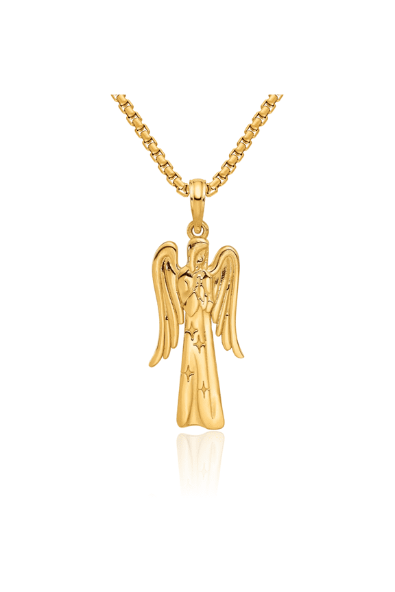 14K Solid Yellow Gold Guardian Angel Wings Necklace Protect Us Cherub Pendant Religious Charm