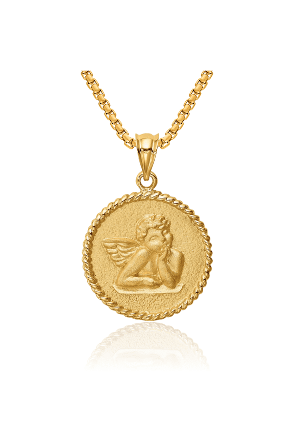 14K Solid Yellow Gold Guardian Angel Wings Necklace Protect Us Cherub Pendant Religious Charm