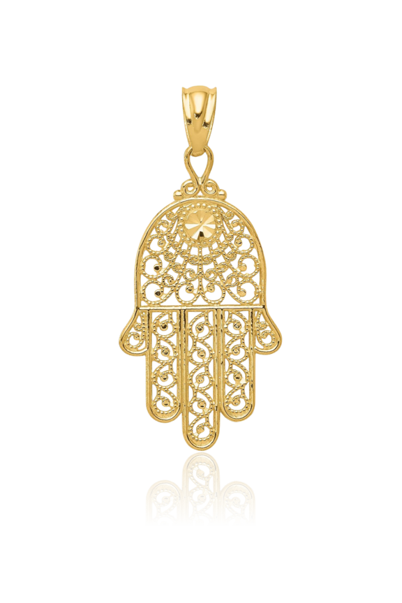 14K Solid Yellow Gold Filigree Medium Hamsa Evil Eye Heart Pendant Necklace - 25mm 1 inch - Polished Adult