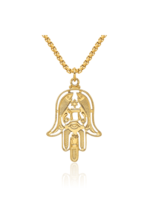 14K Solid Yellow Gold Hamsa Hand of Fatima Evil Eye Protection Necklace Judaica Religious Chain Pendant Israel Charm