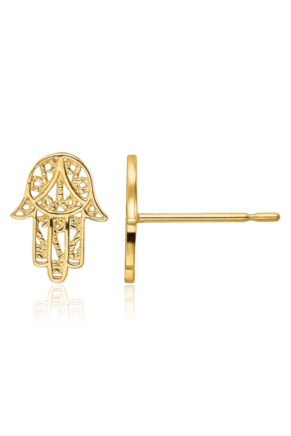 14K Solid Yellow Gold Hamsa Hand of Fatima Evil Eye Protection Stud Earrings