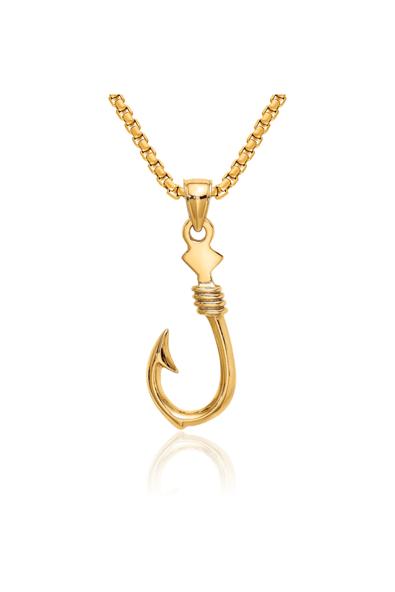14K Solid Yellow Gold Hawaiian Fish Hook Rope Necklace Chain Pendant Charm