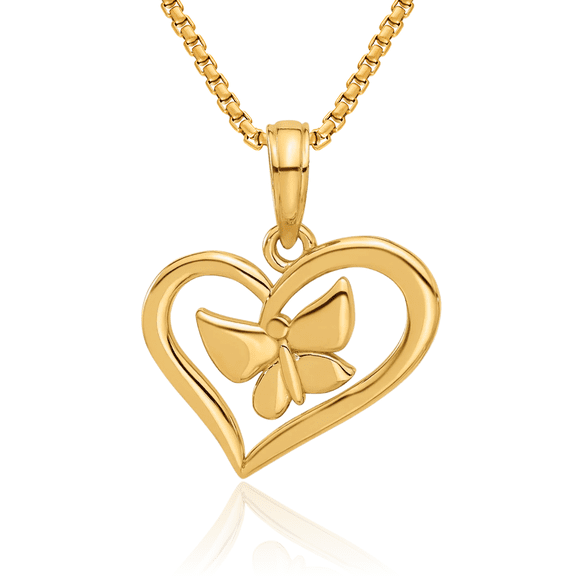 14K Solid Yellow Gold Heart Butterfly Wings Necklace Chain Pendant Charm