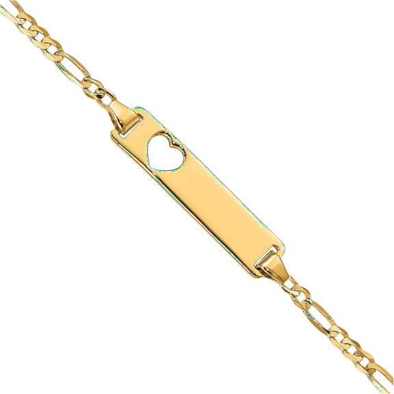 14K Solid Yellow Gold Heart Figaro Link Name Bar Identification ID Bracelet
