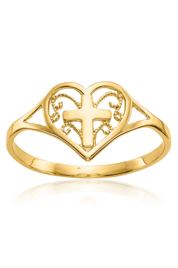 14K Solid Yellow Gold Filigree 2mm Slim Heart Cross Band Ring - Polished Women's