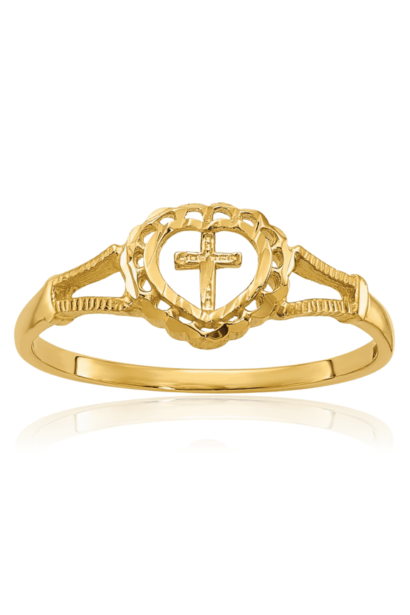 14K Solid Yellow Gold Heart Holy Cross Ring Christian Religious Band