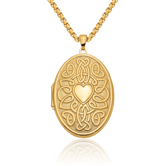 14K Solid Yellow Gold Heart Irish Claddagh Celtic Oval Personalized Photo Locket Necklace Picture Pendant Charm Jewelry