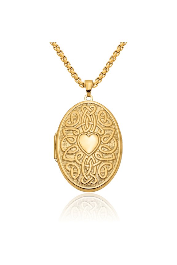 14K Solid Yellow Gold Heart Irish Claddagh Celtic Oval Personalized Photo Locket Necklace Picture Pendant Charm Jewelry