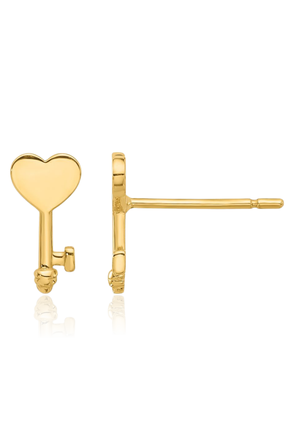 14K Solid Yellow Gold Heart Key Stud Earrings
