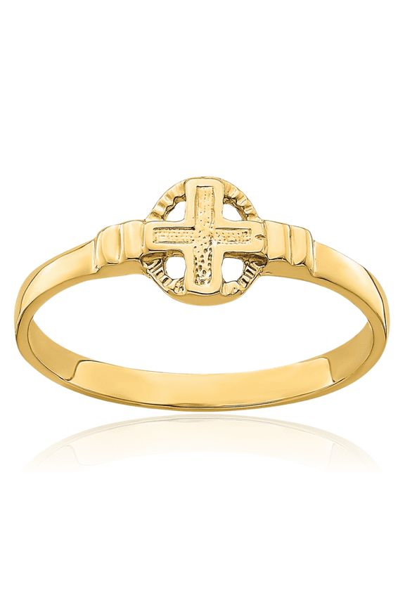 14K Solid Yellow Gold Holy Cross Circle Round Ring Christian Religious Band