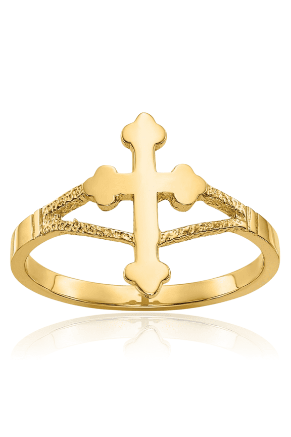 14K Solid Yellow Gold Cross Statement Fashion Ring - 2mm Slim Band - Polished Women's