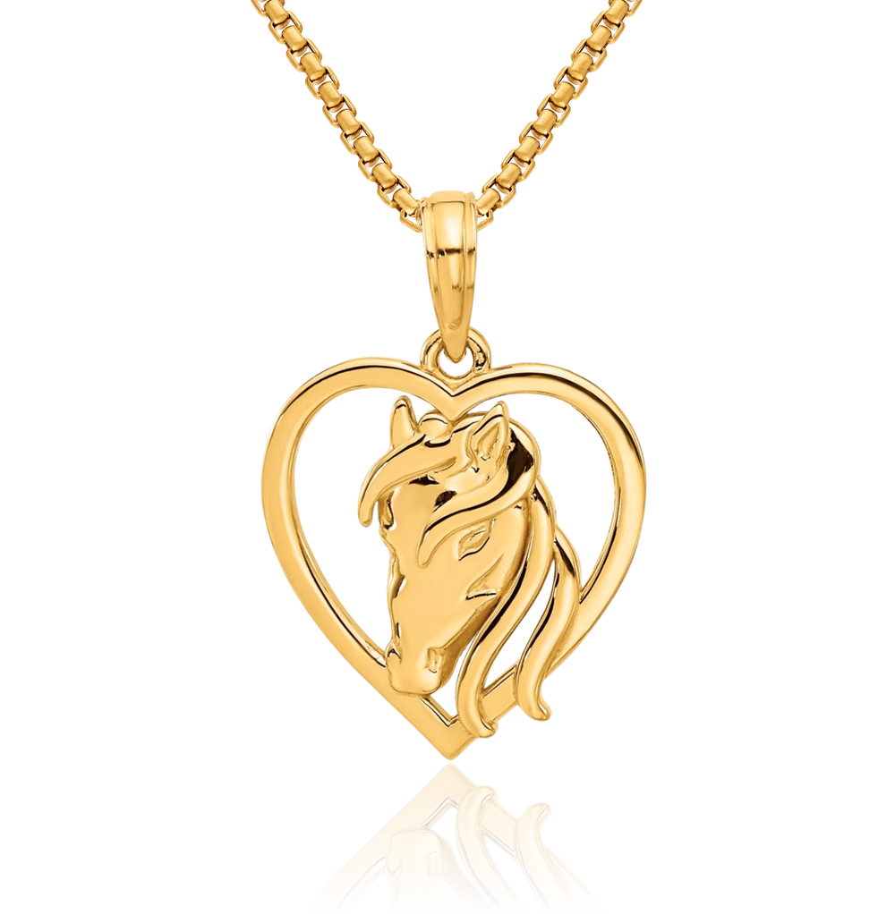 14K Solid Yellow Gold Horse Head Heart Necklace Animal Lover Pendant Equestrian Charm
