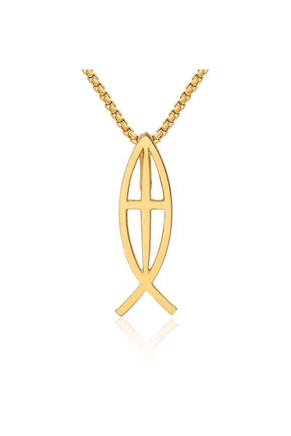 14K Solid Yellow Gold Ichthus Holy Cross Fish Symbol Slide Necklace Religious Chain Pendant Jesus Christ Charm