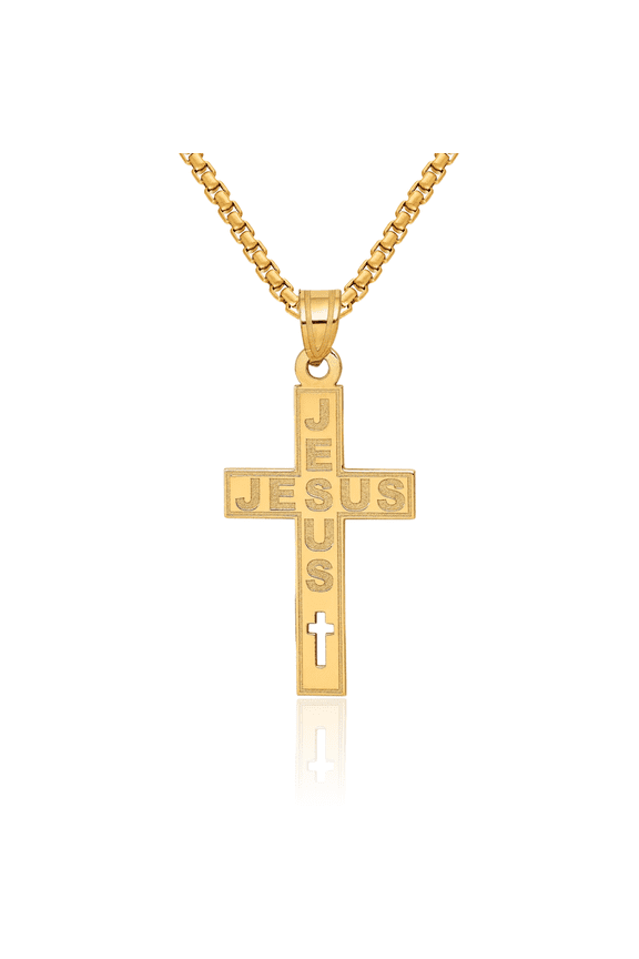 14K Solid Yellow Gold Jesus Christ Latin Mexican Holy Cross Necklace Religious Chain Pendant Charm