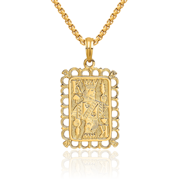 14K Solid Yellow Gold King Poker Necklace Playing Cards Suit Pendant Gambling Deck Charm Good Luck Jewelry