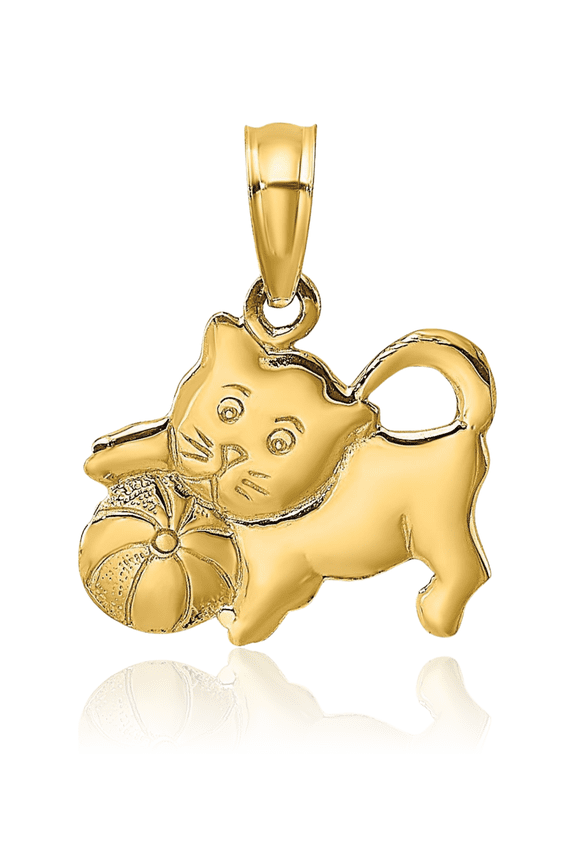 14K Solid Yellow Gold Small Kitten Cat Pendant Necklace - 15.1mm 5/8 inch - 3d Sculpted, Polished Women's