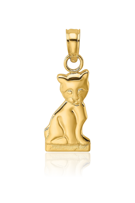 14K Solid Yellow Gold Small Kitten Cat Pendant Necklace - 16.6mm 5/8 inch - Polished Women's