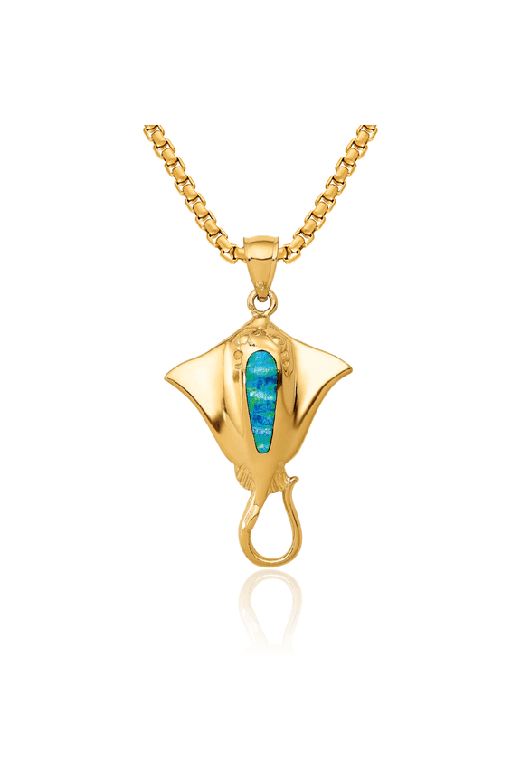 14K Solid Yellow Gold Lab Blue Opal Necklace Chain Pendant Charm