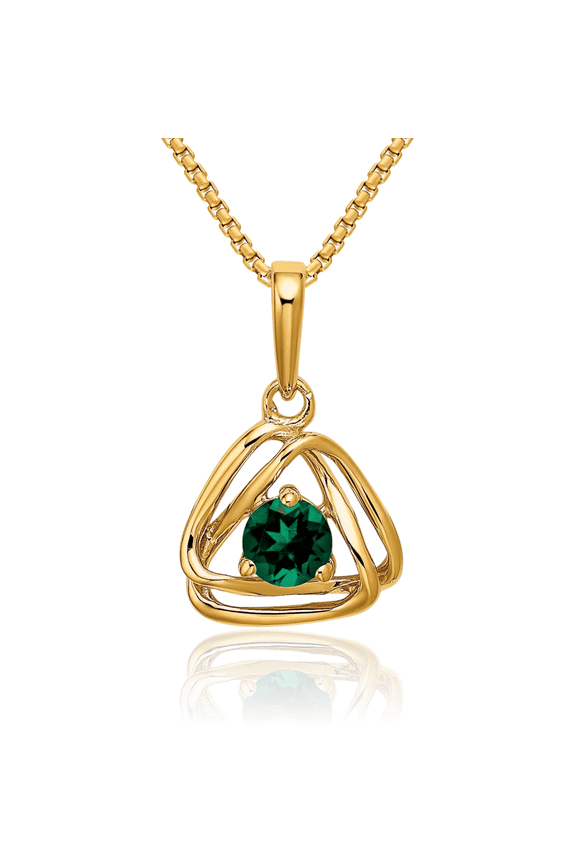 14K Solid Yellow Gold Lab Green Emerald Triangle Necklace Charm Gemstone Pendant May Birthstone Jewelry