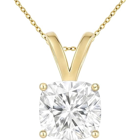 14K Solid Yellow Gold Lab Grown Moissanite Cushion Cut Solitaire Pendant | Double Loop Bail |7x7 mm 1.5 CTW | 16-18" Adjustable Cable Chain Necklace | Luxury Gift, Birthday, Anniversary, Mother's Day