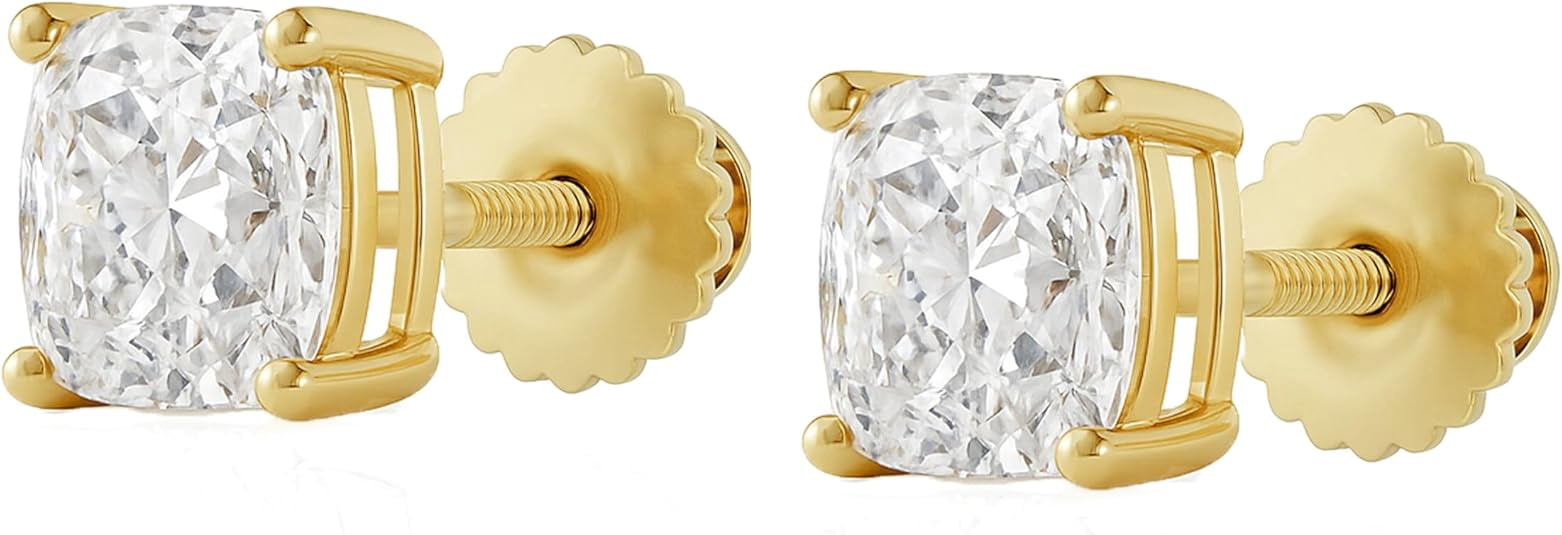 14K Solid Yellow Gold Lab Grown Moissanite Cushion Cut Stud Earrings | 8x8mm | 5.0 CTW | Screw Back | Luxury Fine Jewelry Gift for Women | by Jewelaura