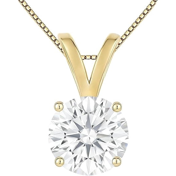 14K Solid Yellow Gold Lab Grown Moissanite Round Cut Solitaire Pendant | Double Loop Bail | 6.5mm 1.0 CTW | 16-18" Adjustable Box Link Necklace | Luxury Gift, Birthday, Anniversary, Mothers Day