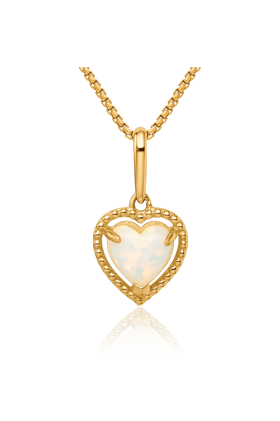 14K Solid Yellow Gold Lab Opal Heart Necklace Charm Gemstone Pendant