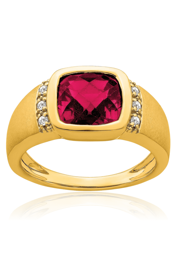 14K Solid Yellow Gold Lab Red Ruby Diamond Mens Ring July Birthstone Jewelry