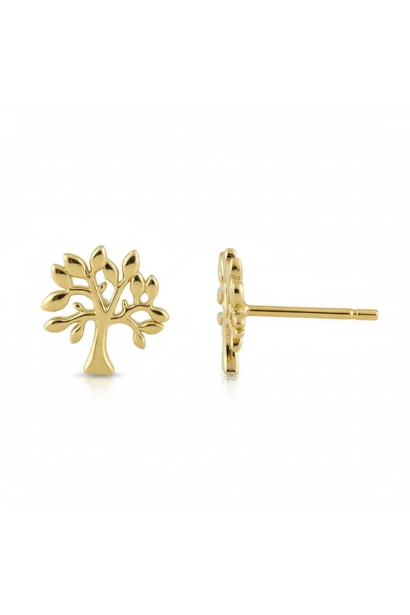 14K Solid Gold Ladies Dainty Celtic Tree of Life Stud Earrings - 0.23in - Womens Tiny Gold Studs