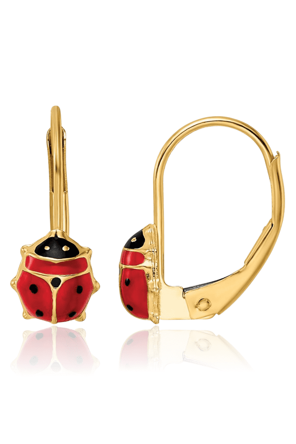 14K Solid Yellow Gold Ladybug Drop Dangle Earrings