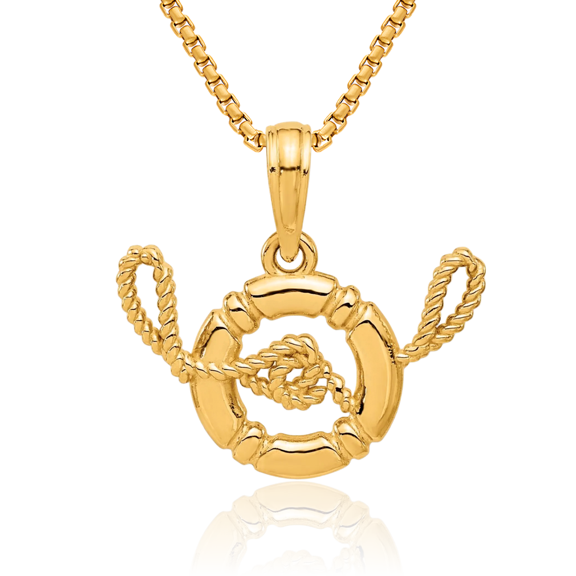 14K Solid Yellow Gold Life Preserver Rope Necklace Chain Pendant Charm